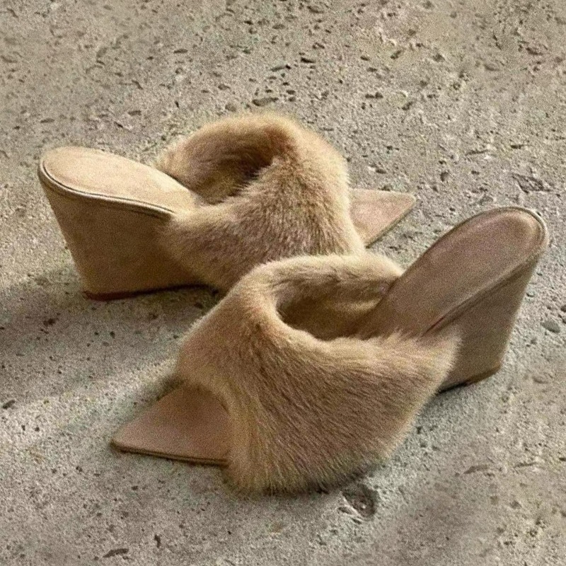 Fluffy Women Slippers Wedges P - Winter Clothing For Woman 评论和价格